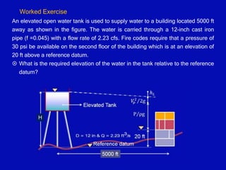 An elevated open water tank is used to supply water to a building located 5000 ft
away as shown in the figure. The water is carried through a 12-inch cast iron
pipe (f =0.045) with a flow rate of 2.23 cfs. Fire codes require that a pressure of
30 psi be available on the second floor of the building which is at an elevation of
20 ft above a reference datum.
 What is the required elevation of the water in the tank relative to the reference
datum?
Worked Exercise
 