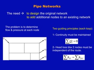 Pipe Networks
The need  to design the original network
to add additional nodes to an existing network
Two guiding principles (each loop):
1- Continuity must be maintained
2- Head loss btw 2 nodes must be
independent of the route.
0

 i
Q

  fCC
fC h
h
The problem is to determine
flow & pressure at each node
 