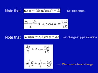 Note that So: pipe slope
Note that ∆z: change in pipe elevation
→ Piezometric head change
 
