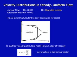 Velocity Distributions in Steady, Uniform Flow
Typical laminar & turbulent velocity distribution for pipes:
To start for velocity profile, let`s recall Newton`s law of viscosity
→ governs flow in the laminar region
Laminar Flow Rn ≤ 2000 Rn: Reynolds number
Turbulence Flow Rn ≥ 4000
 