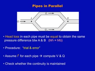Pipes in Parallel
• Head loss in each pipe must be equal to obtain the same
pressure difference btw A & B (hf1 = hf2)
• Procedure: “trial & error”
• Assume f for each pipe  compute V & Q
• Check whether the continuity is maintained
 