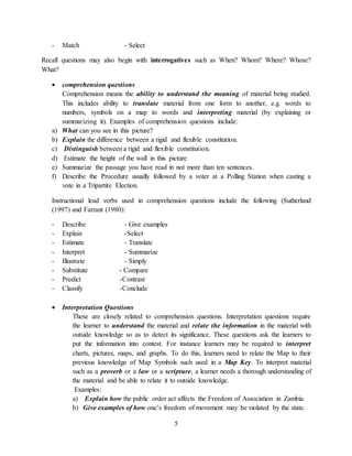5
- Match - Select
Recall questions may also begin with interrogatives such as When? Whom? Where? Whose?
What?
 comprehension questions
Comprehension means the ability to understand the meaning of material being studied.
This includes ability to translate material from one form to another, e.g. words to
numbers, symbols on a map to words and interpreting material (by explaining or
summarizing it). Examples of comprehension questions include:
a) What can you see in this picture?
b) Explain the difference between a rigid and flexible constitution.
c) Distinguish between a rigid and flexible constitution.
d) Estimate the height of the wall in this picture
e) Summarize the passage you have read in not more than ten sentences.
f) Describe the Procedure usually followed by a voter at a Polling Station when casting a
vote in a Tripartite Election.
Instructional lead verbs used in comprehension questions include the following (Sutherland
(1997) and Farrant (1980):
- Describe - Give examples
- Explain -Select
- Estimate - Translate
- Interpret - Summarize
- Illustrate - Simply
- Substitute - Compare
- Predict -Contrast
- Classify -Conclude
 Interpretation Questions
These are closely related to comprehension questions. Interpretation questions require
the learner to understand the material and relate the information in the material with
outside knowledge so as to detect its significance. These questions ask the learners to
put the information into contest. For instance learners may be required to interpret
charts, pictures, maps, and graphs. To do this, learners need to relate the Map to their
previous knowledge of Map Symbols such used in a Map Key. To interpret material
such as a proverb or a law or a scripture, a learner needs a thorough understanding of
the material and be able to relate it to outside knowledge.
Examples:
a) Explain how the public order act affects the Freedom of Association in Zambia.
b) Give examples of how one’s freedom of movement may be violated by the state.
 
