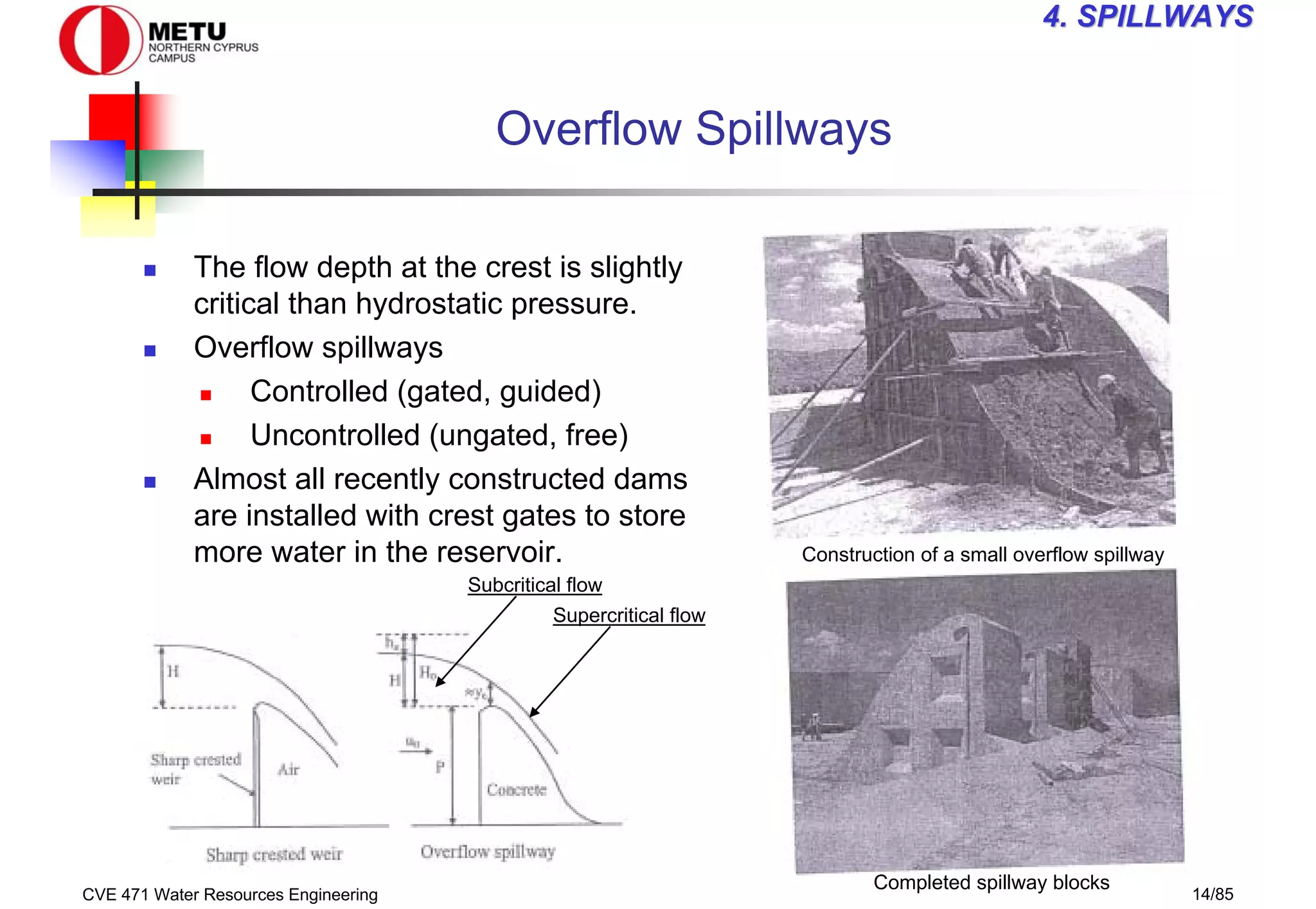 CVE 471 Water Resources Engineering 14/85
4
4. SPILLWAYS
. SPILLWAYS
Overflow Spillways
„ The flow depth at the crest is slightly
critical than hydrostatic pressure.
„ Overflow spillways
„ Controlled (gated, guided)
„ Uncontrolled (ungated, free)
„ Almost all recently constructed dams
are installed with crest gates to store
more water in the reservoir. Construction of a small overflow spillway
Completed spillway blocks
Subcritical flow
Supercritical flow
 