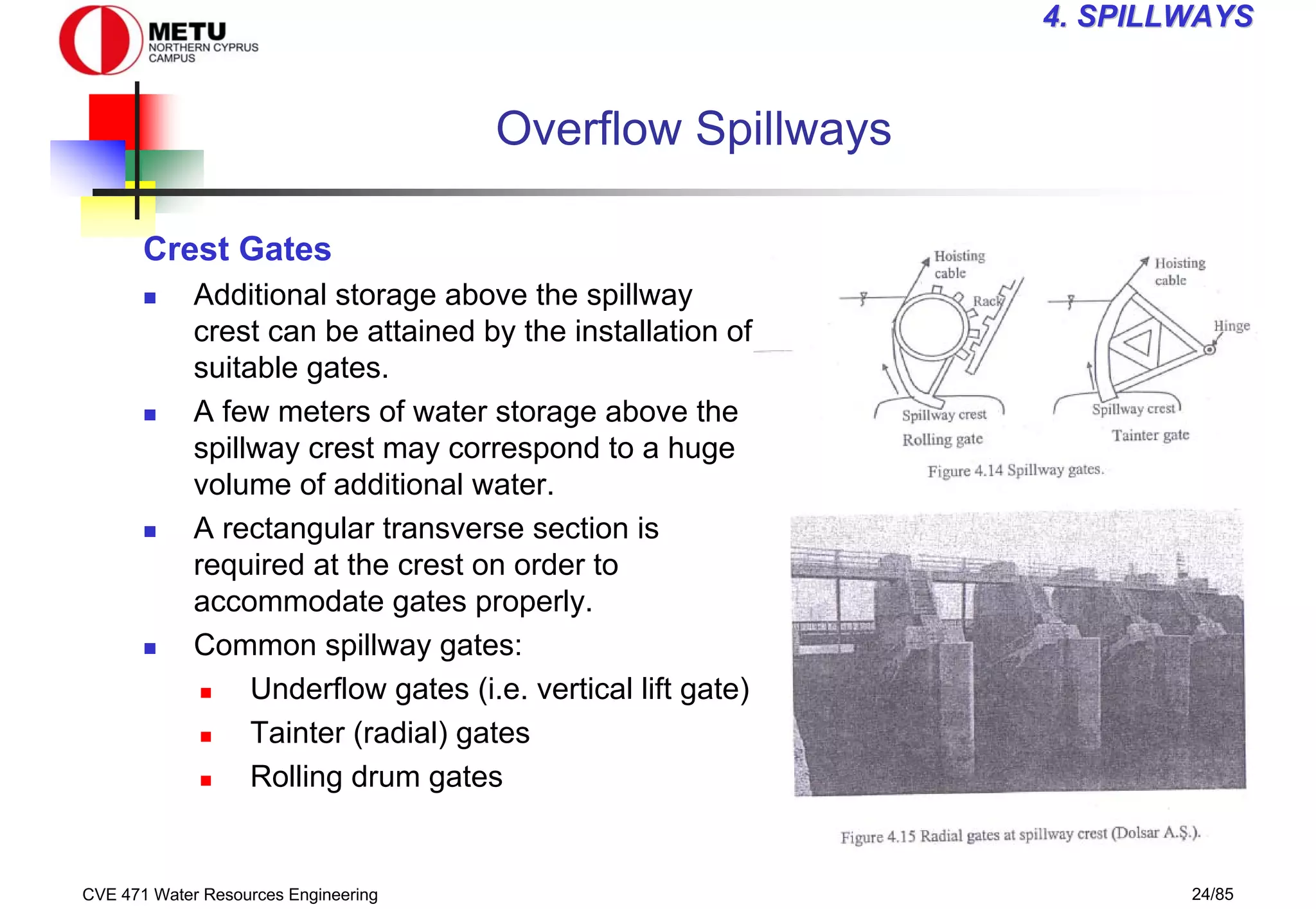 CVE 471 Water Resources Engineering 24/85
4
4. SPILLWAYS
. SPILLWAYS
Overflow Spillways
Crest Gates
„ Additional storage above the spillway
crest can be attained by the installation of
suitable gates.
„ A few meters of water storage above the
spillway crest may correspond to a huge
volume of additional water.
„ A rectangular transverse section is
required at the crest on order to
accommodate gates properly.
„ Common spillway gates:
„ Underflow gates (i.e. vertical lift gate)
„ Tainter (radial) gates
„ Rolling drum gates
 