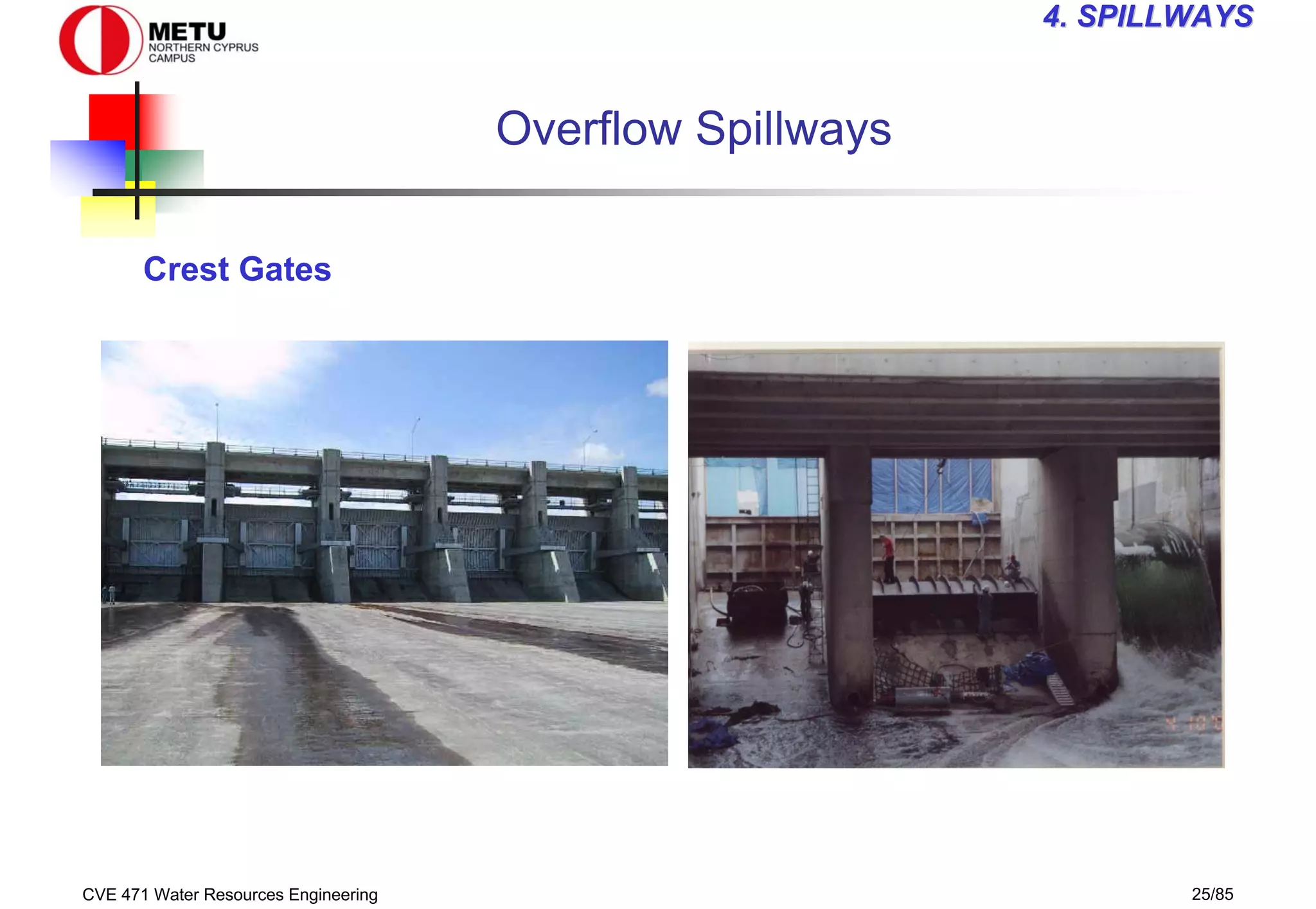 CVE 471 Water Resources Engineering 25/85
4
4. SPILLWAYS
. SPILLWAYS
Overflow Spillways
Crest Gates
 
