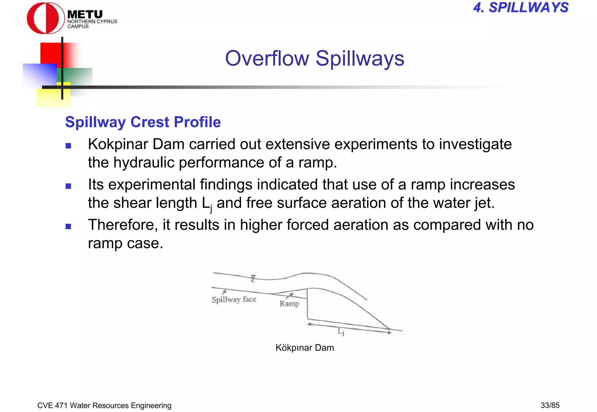 CVE 471 Water Resources Engineering 33/85
4
4. SPILLWAYS
. SPILLWAYS
Overflow Spillways
Spillway Crest Profile
„ Kokpinar Dam carried out extensive experiments to investigate
the hydraulic performance of a ramp.
„ Its experimental findings indicated that use of a ramp increases
the shear length Lj and free surface aeration of the water jet.
„ Therefore, it results in higher forced aeration as compared with no
ramp case.
Kökpınar Dam
 