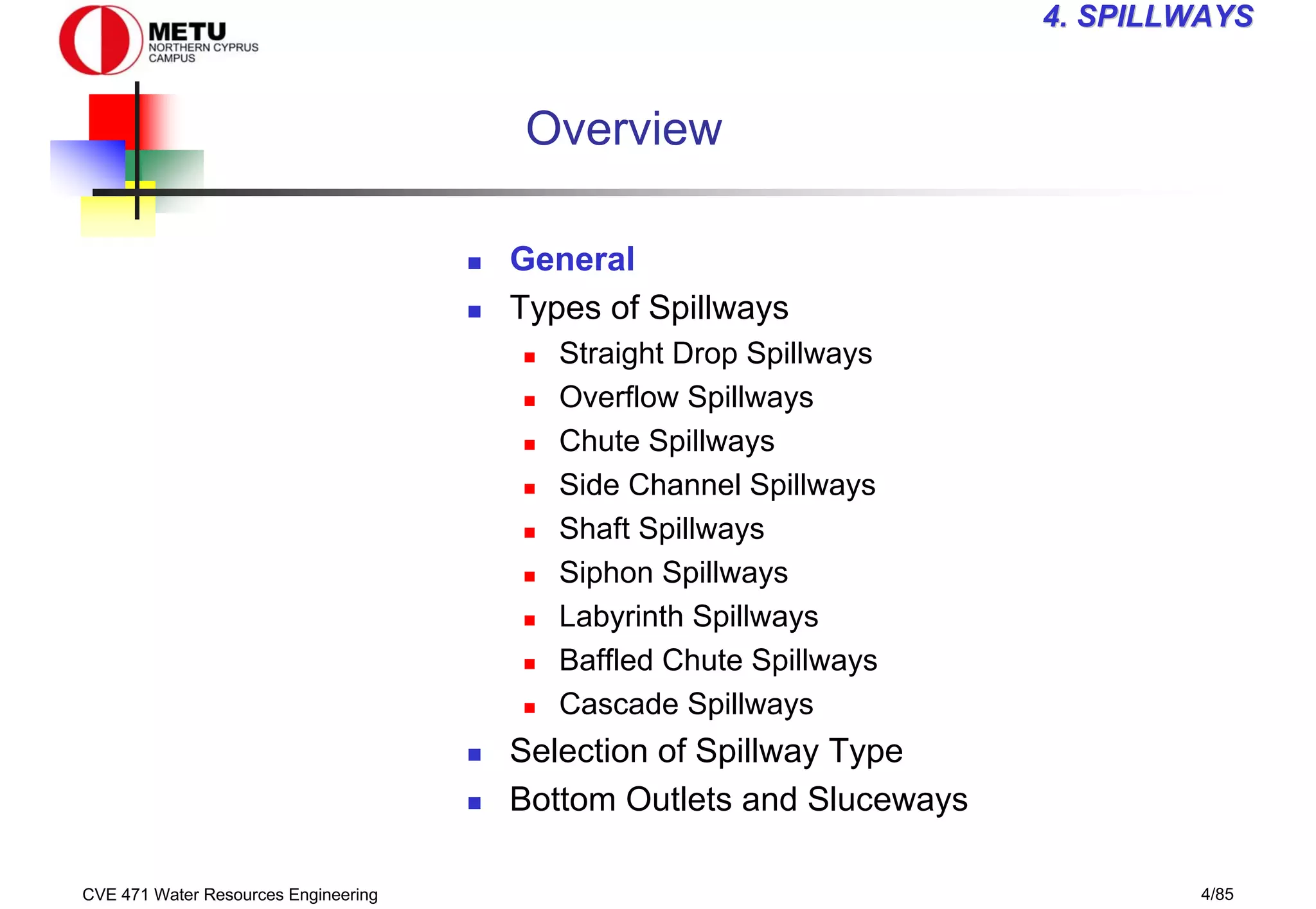 CVE 471 Water Resources Engineering 4/85
4
4. SPILLWAYS
. SPILLWAYS
Overview
„ General
„ Types of Spillways
„ Straight Drop Spillways
„ Overflow Spillways
„ Chute Spillways
„ Side Channel Spillways
„ Shaft Spillways
„ Siphon Spillways
„ Labyrinth Spillways
„ Baffled Chute Spillways
„ Cascade Spillways
„ Selection of Spillway Type
„ Bottom Outlets and Sluceways
 