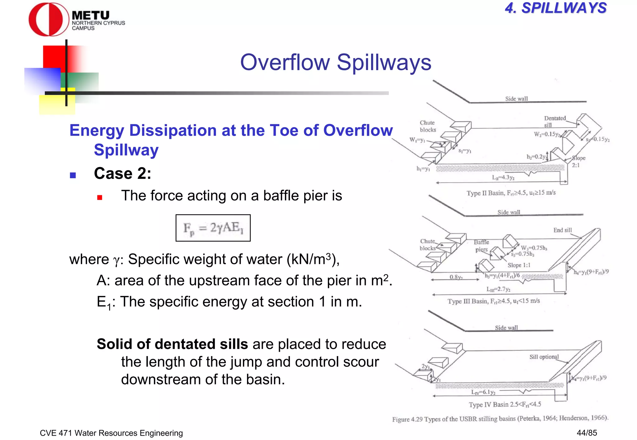 CVE 471 Water Resources Engineering 44/85
4
4. SPILLWAYS
. SPILLWAYS
Overflow Spillways
Energy Dissipation at the Toe of Overflow
Spillway
„ Case 2:
„ The force acting on a baffle pier is
where γ: Specific weight of water (kN/m3),
A: area of the upstream face of the pier in m2.
E1: The specific energy at section 1 in m.
Solid of dentated sills are placed to reduce
the length of the jump and control scour
downstream of the basin.
 