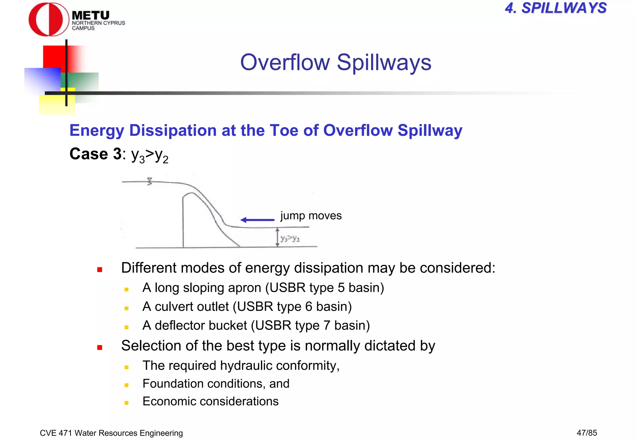 CVE 471 Water Resources Engineering 47/85
4
4. SPILLWAYS
. SPILLWAYS
Overflow Spillways
Energy Dissipation at the Toe of Overflow Spillway
Case 3: y3>y2
„ Different modes of energy dissipation may be considered:
„ A long sloping apron (USBR type 5 basin)
„ A culvert outlet (USBR type 6 basin)
„ A deflector bucket (USBR type 7 basin)
„ Selection of the best type is normally dictated by
„ The required hydraulic conformity,
„ Foundation conditions, and
„ Economic considerations
jump moves
 