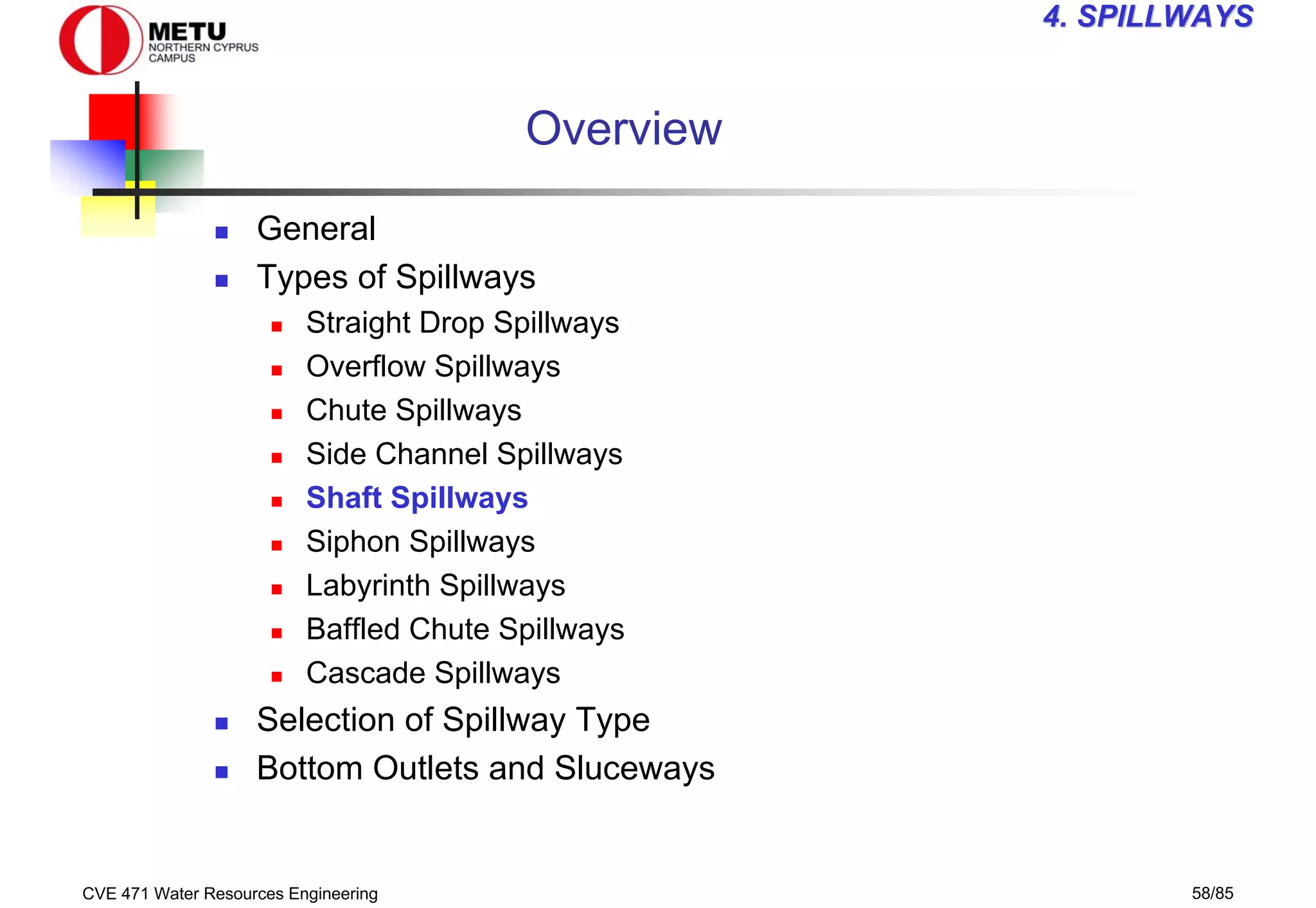 CVE 471 Water Resources Engineering 58/85
4
4. SPILLWAYS
. SPILLWAYS
Overview
„ General
„ Types of Spillways
„ Straight Drop Spillways
„ Overflow Spillways
„ Chute Spillways
„ Side Channel Spillways
„ Shaft Spillways
„ Siphon Spillways
„ Labyrinth Spillways
„ Baffled Chute Spillways
„ Cascade Spillways
„ Selection of Spillway Type
„ Bottom Outlets and Sluceways
 