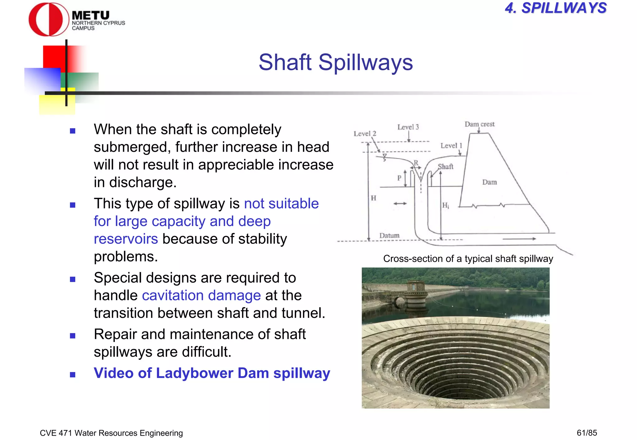 CVE 471 Water Resources Engineering 61/85
4
4. SPILLWAYS
. SPILLWAYS
Shaft Spillways
„ When the shaft is completely
submerged, further increase in head
will not result in appreciable increase
in discharge.
„ This type of spillway is not suitable
for large capacity and deep
reservoirs because of stability
problems.
„ Special designs are required to
handle cavitation damage at the
transition between shaft and tunnel.
„ Repair and maintenance of shaft
spillways are difficult.
„ Video of Ladybower Dam spillway
Cross-section of a typical shaft spillway
 