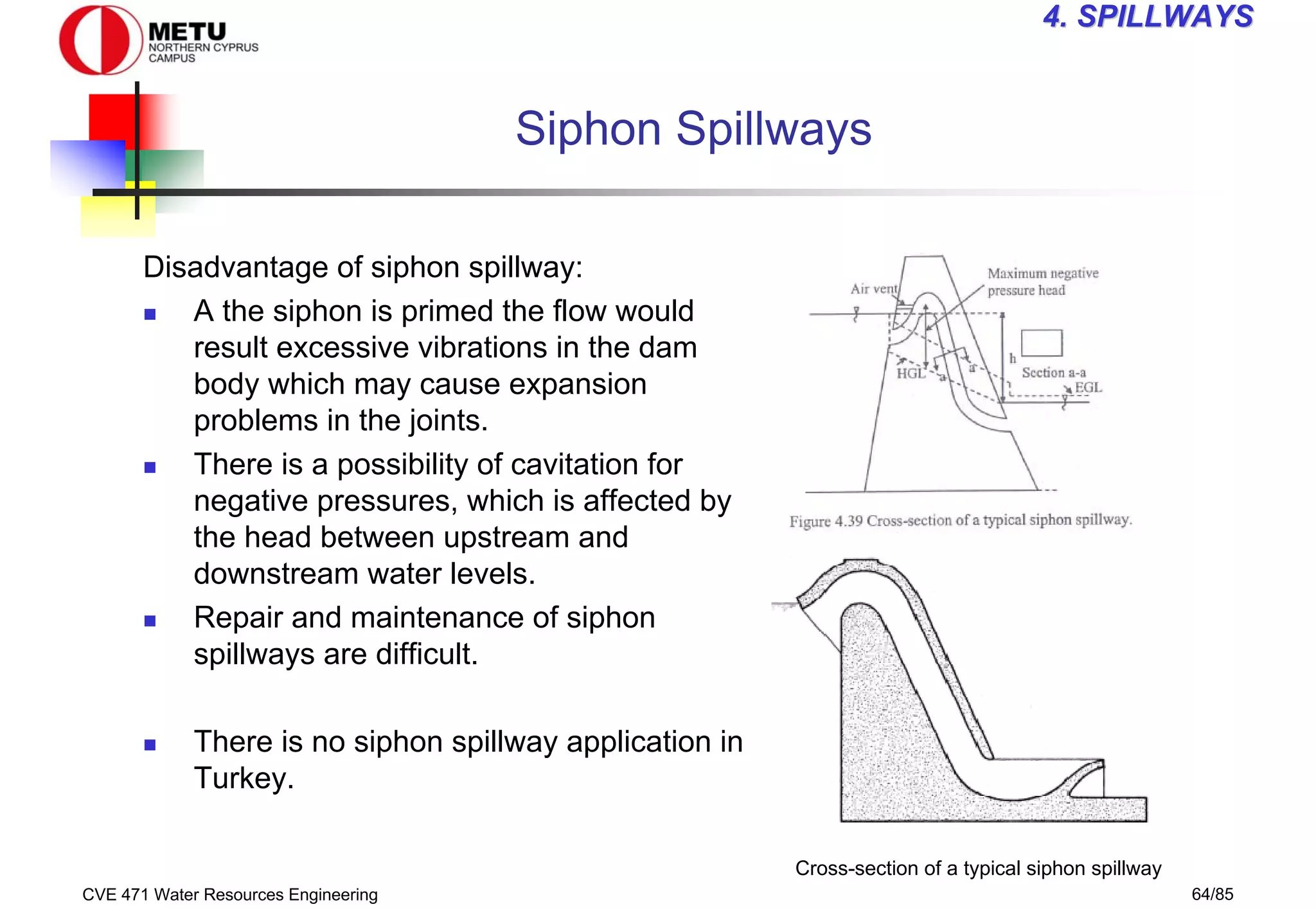 CVE 471 Water Resources Engineering 64/85
4
4. SPILLWAYS
. SPILLWAYS
Siphon Spillways
Disadvantage of siphon spillway:
„ A the siphon is primed the flow would
result excessive vibrations in the dam
body which may cause expansion
problems in the joints.
„ There is a possibility of cavitation for
negative pressures, which is affected by
the head between upstream and
downstream water levels.
„ Repair and maintenance of siphon
spillways are difficult.
„ There is no siphon spillway application in
Turkey.
Cross-section of a typical siphon spillway
 