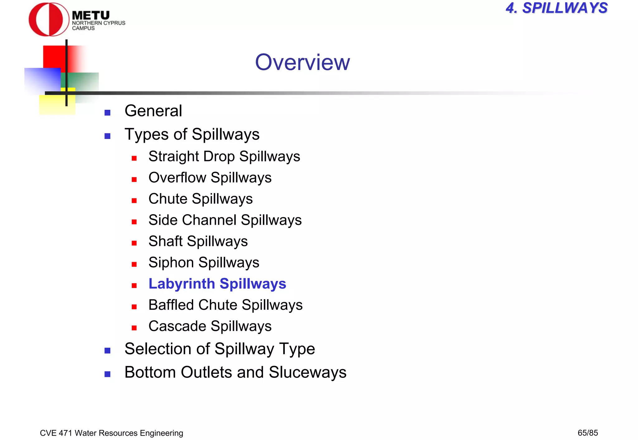 CVE 471 Water Resources Engineering 65/85
4
4. SPILLWAYS
. SPILLWAYS
Overview
„ General
„ Types of Spillways
„ Straight Drop Spillways
„ Overflow Spillways
„ Chute Spillways
„ Side Channel Spillways
„ Shaft Spillways
„ Siphon Spillways
„ Labyrinth Spillways
„ Baffled Chute Spillways
„ Cascade Spillways
„ Selection of Spillway Type
„ Bottom Outlets and Sluceways
 