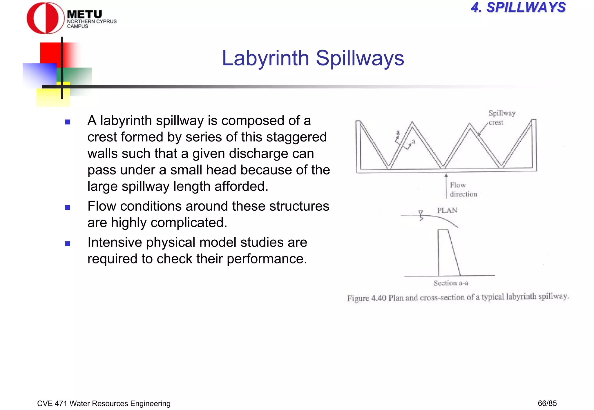 CVE 471 Water Resources Engineering 66/85
4
4. SPILLWAYS
. SPILLWAYS
Labyrinth Spillways
„ A labyrinth spillway is composed of a
crest formed by series of this staggered
walls such that a given discharge can
pass under a small head because of the
large spillway length afforded.
„ Flow conditions around these structures
are highly complicated.
„ Intensive physical model studies are
required to check their performance.
 