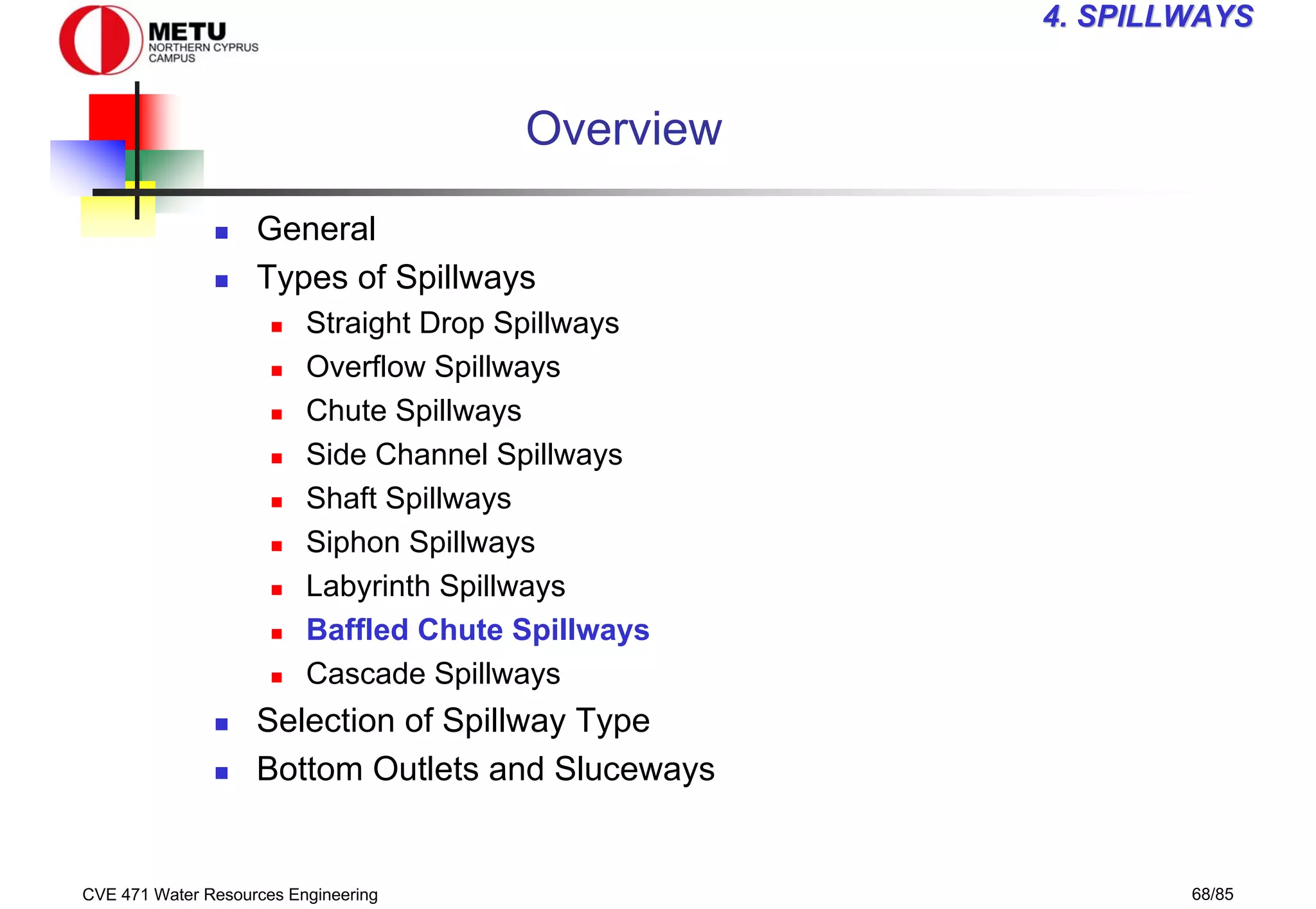 CVE 471 Water Resources Engineering 68/85
4
4. SPILLWAYS
. SPILLWAYS
Overview
„ General
„ Types of Spillways
„ Straight Drop Spillways
„ Overflow Spillways
„ Chute Spillways
„ Side Channel Spillways
„ Shaft Spillways
„ Siphon Spillways
„ Labyrinth Spillways
„ Baffled Chute Spillways
„ Cascade Spillways
„ Selection of Spillway Type
„ Bottom Outlets and Sluceways
 