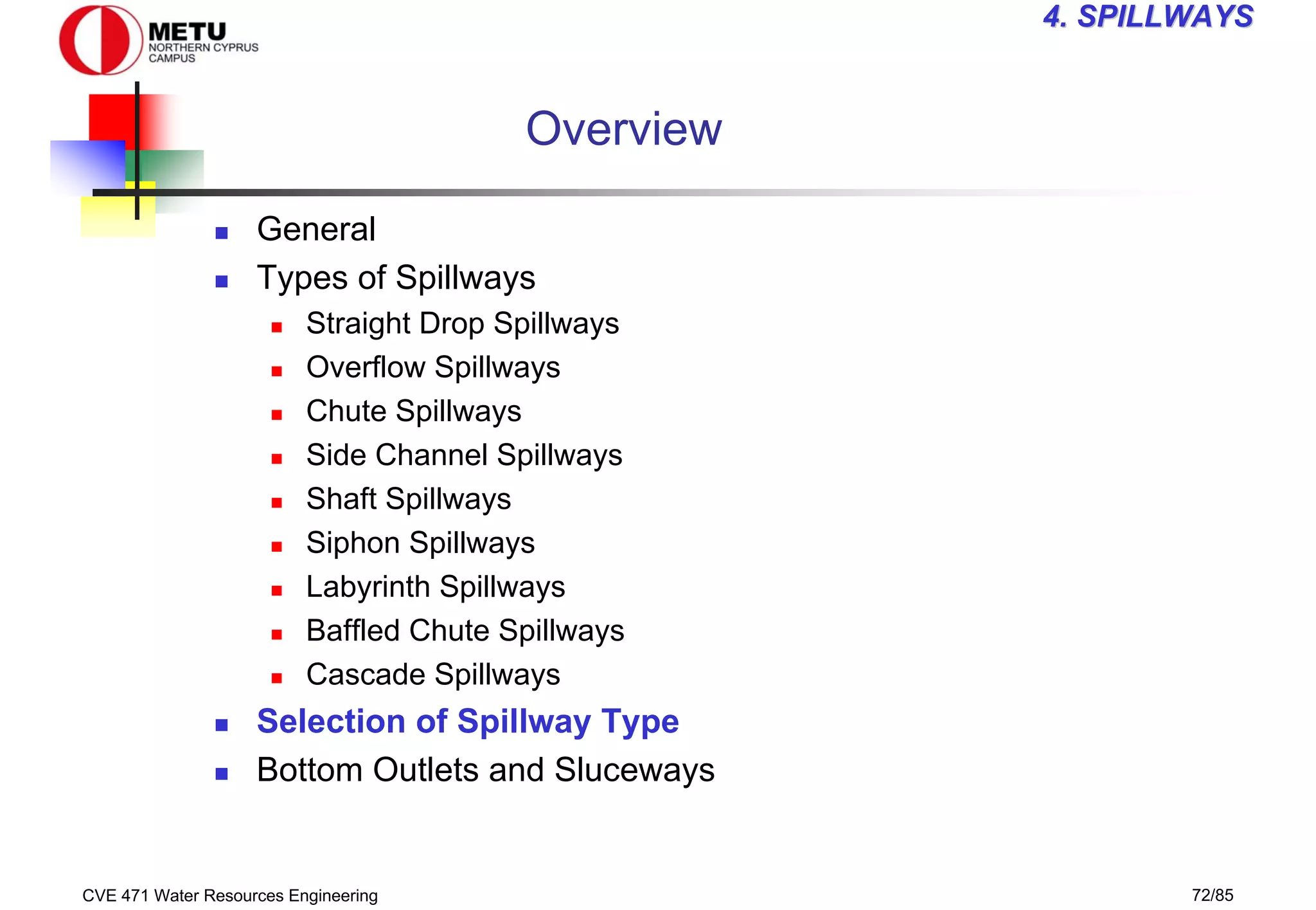 CVE 471 Water Resources Engineering 72/85
4
4. SPILLWAYS
. SPILLWAYS
Overview
„ General
„ Types of Spillways
„ Straight Drop Spillways
„ Overflow Spillways
„ Chute Spillways
„ Side Channel Spillways
„ Shaft Spillways
„ Siphon Spillways
„ Labyrinth Spillways
„ Baffled Chute Spillways
„ Cascade Spillways
„ Selection of Spillway Type
„ Bottom Outlets and Sluceways
 