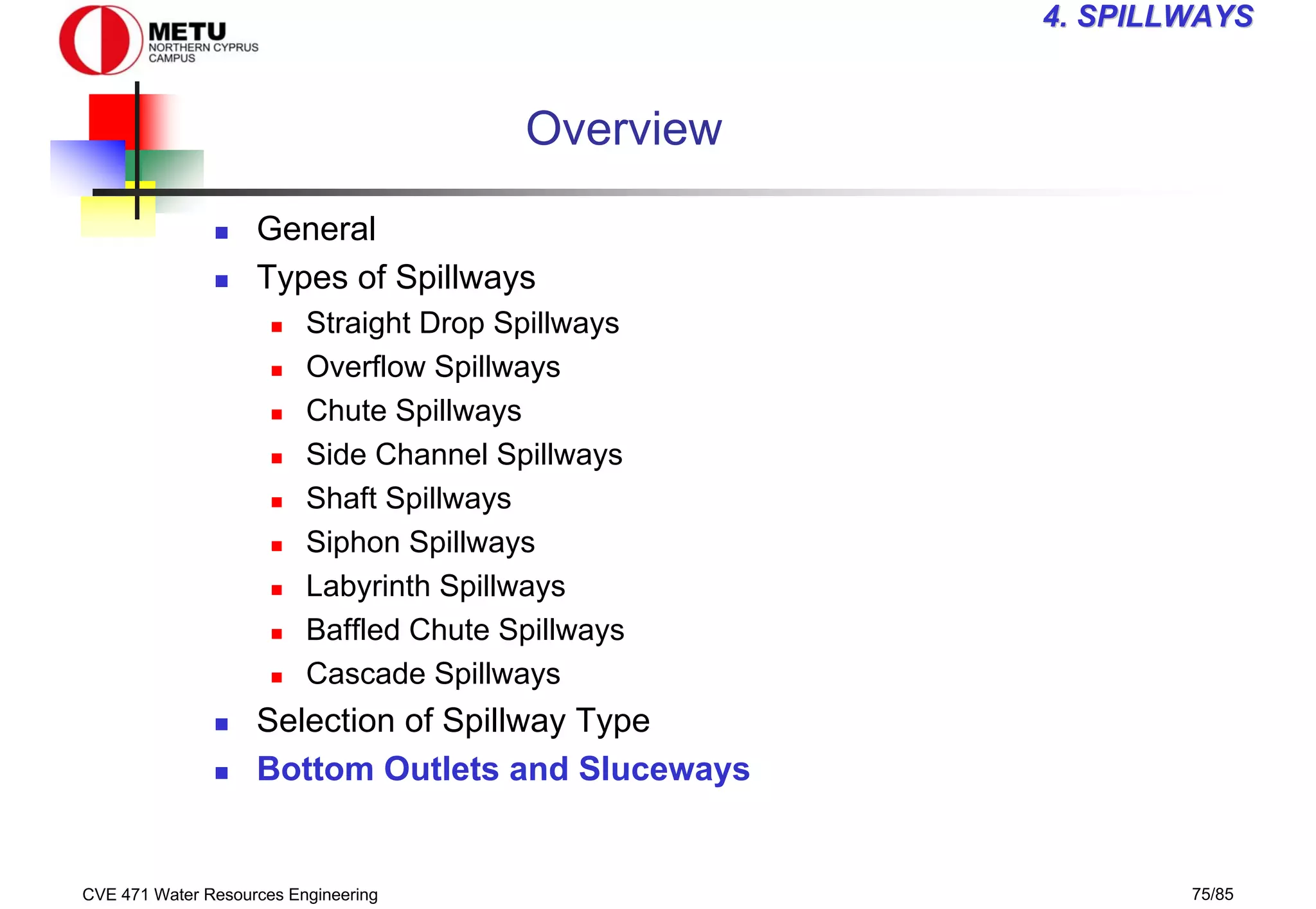 CVE 471 Water Resources Engineering 75/85
4
4. SPILLWAYS
. SPILLWAYS
Overview
„ General
„ Types of Spillways
„ Straight Drop Spillways
„ Overflow Spillways
„ Chute Spillways
„ Side Channel Spillways
„ Shaft Spillways
„ Siphon Spillways
„ Labyrinth Spillways
„ Baffled Chute Spillways
„ Cascade Spillways
„ Selection of Spillway Type
„ Bottom Outlets and Sluceways
 