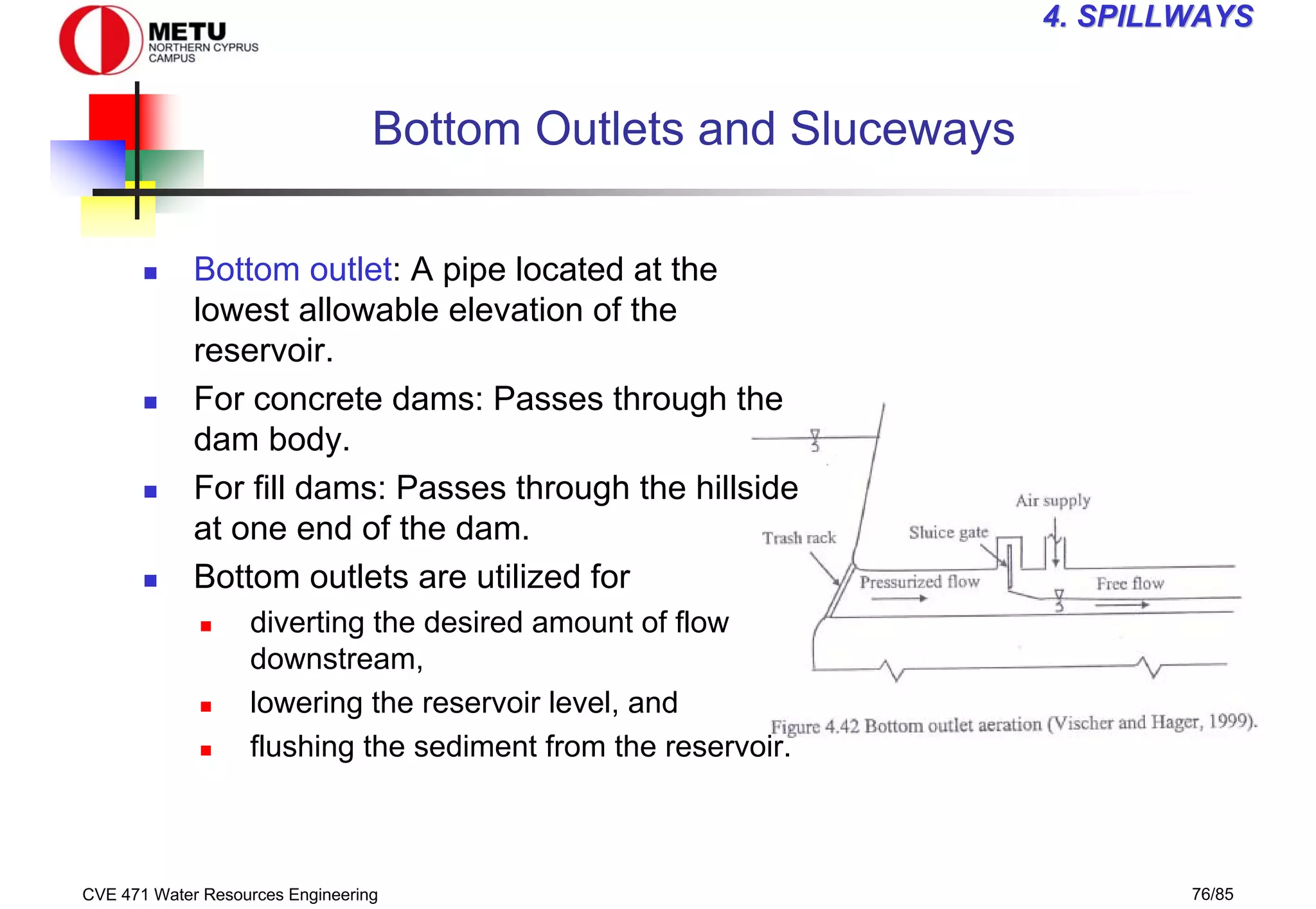 CVE 471 Water Resources Engineering 76/85
4
4. SPILLWAYS
. SPILLWAYS
Bottom Outlets and Sluceways
„ Bottom outlet: A pipe located at the
lowest allowable elevation of the
reservoir.
„ For concrete dams: Passes through the
dam body.
„ For fill dams: Passes through the hillside
at one end of the dam.
„ Bottom outlets are utilized for
„ diverting the desired amount of flow
downstream,
„ lowering the reservoir level, and
„ flushing the sediment from the reservoir.
 