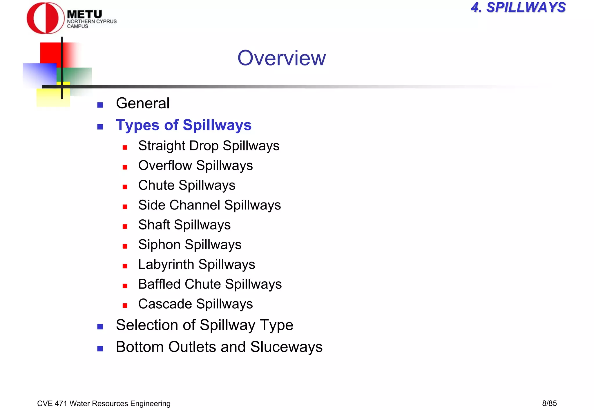 CVE 471 Water Resources Engineering 8/85
4
4. SPILLWAYS
. SPILLWAYS
Overview
„ General
„ Types of Spillways
„ Straight Drop Spillways
„ Overflow Spillways
„ Chute Spillways
„ Side Channel Spillways
„ Shaft Spillways
„ Siphon Spillways
„ Labyrinth Spillways
„ Baffled Chute Spillways
„ Cascade Spillways
„ Selection of Spillway Type
„ Bottom Outlets and Sluceways
 