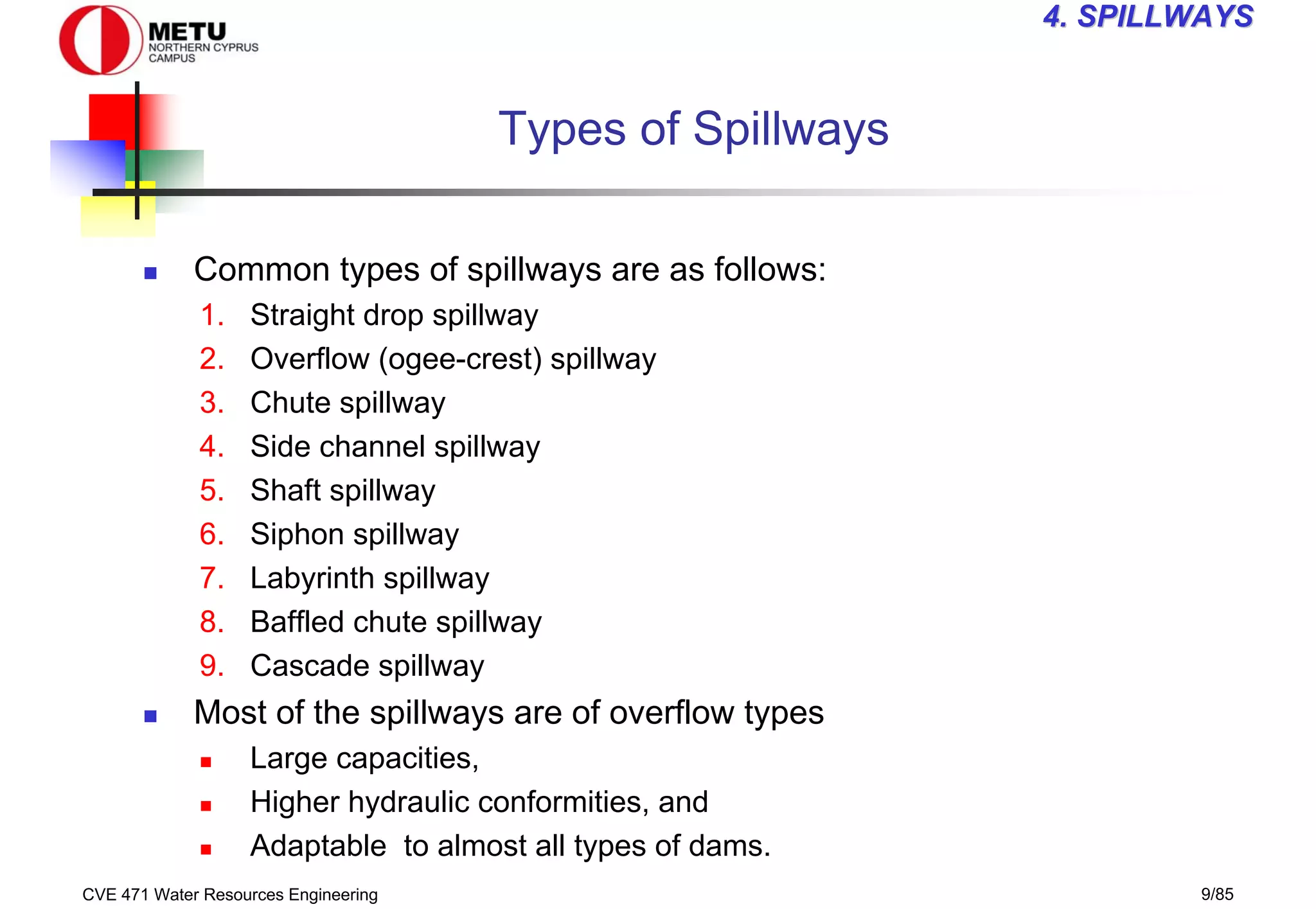 CVE 471 Water Resources Engineering 9/85
4
4. SPILLWAYS
. SPILLWAYS
Types of Spillways
„ Common types of spillways are as follows:
1. Straight drop spillway
2. Overflow (ogee-crest) spillway
3. Chute spillway
4. Side channel spillway
5. Shaft spillway
6. Siphon spillway
7. Labyrinth spillway
8. Baffled chute spillway
9. Cascade spillway
„ Most of the spillways are of overflow types
„ Large capacities,
„ Higher hydraulic conformities, and
„ Adaptable to almost all types of dams.
 