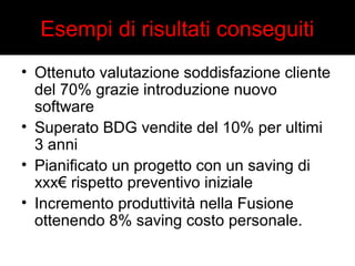 Esempi di risultati conseguiti 
• Ottenuto valutazione soddisfazione cliente 
del 70% grazie introduzione nuovo 
software 
• Superato BDG vendite del 10% per ultimi 
3 anni 
• Pianificato un progetto con un saving di 
xxx€ rispetto preventivo iniziale 
• Incremento produttività nella Fusione 
ottenendo 8% saving costo personale. 
 