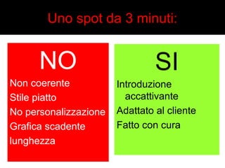 Uno spot da 3 minuti: 
NO 
Non coerente 
Stile piatto 
No personalizzazione 
Grafica scadente 
lunghezza 
SI 
Introduzione 
accattivante 
Adattato al cliente 
Fatto con cura 
 