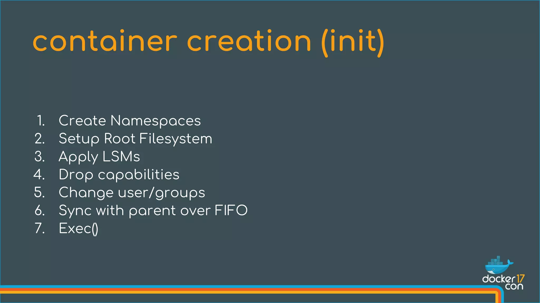 1. Create Namespaces
2. Setup Root Filesystem
3. Apply LSMs
4. Drop capabilities
5. Change user/groups
6. Sync with parent over FIFO
7. Exec()
container creation (init)
 