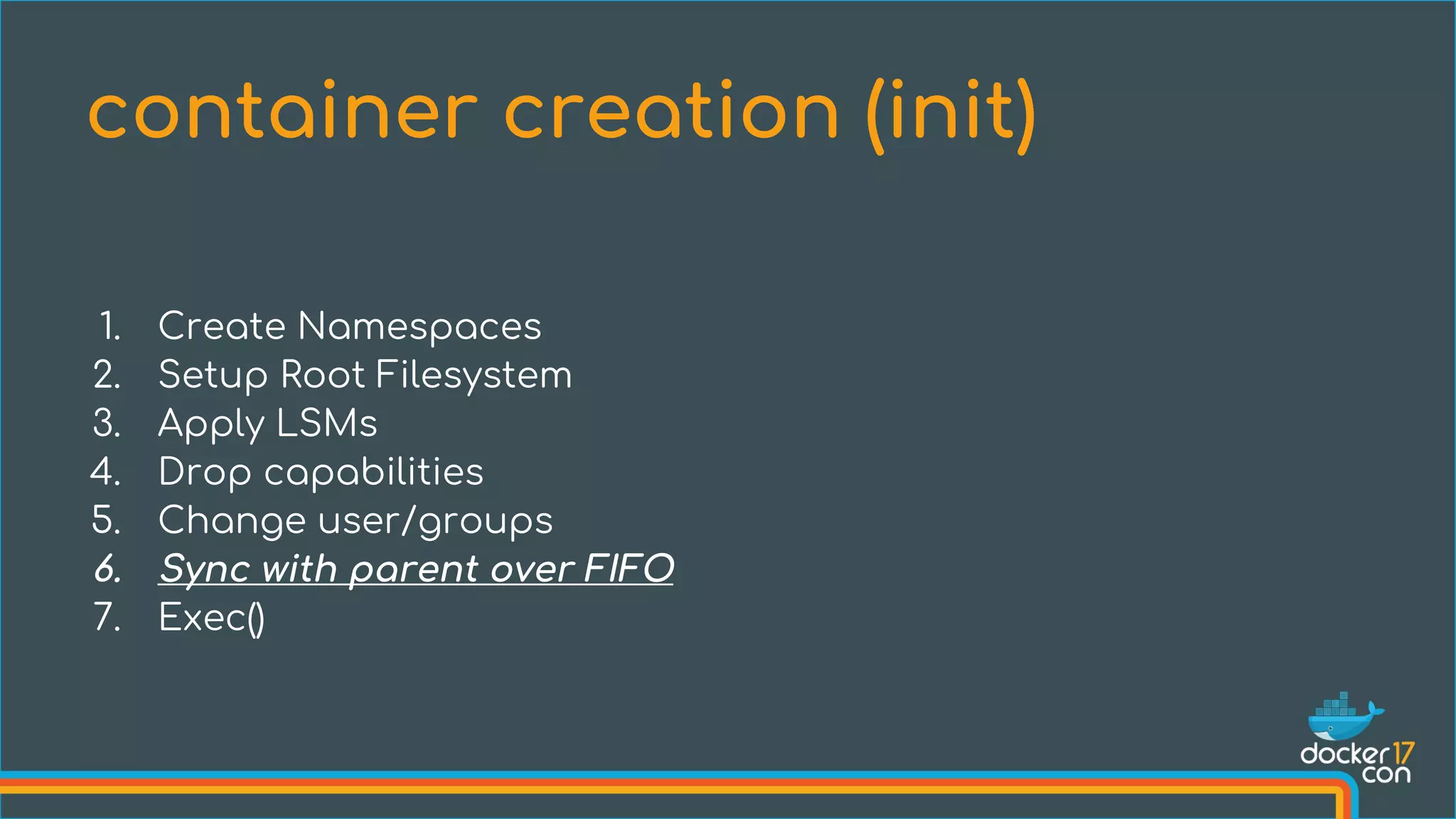 1. Create Namespaces
2. Setup Root Filesystem
3. Apply LSMs
4. Drop capabilities
5. Change user/groups
6. Sync with parent over FIFO
7. Exec()
container creation (init)
 