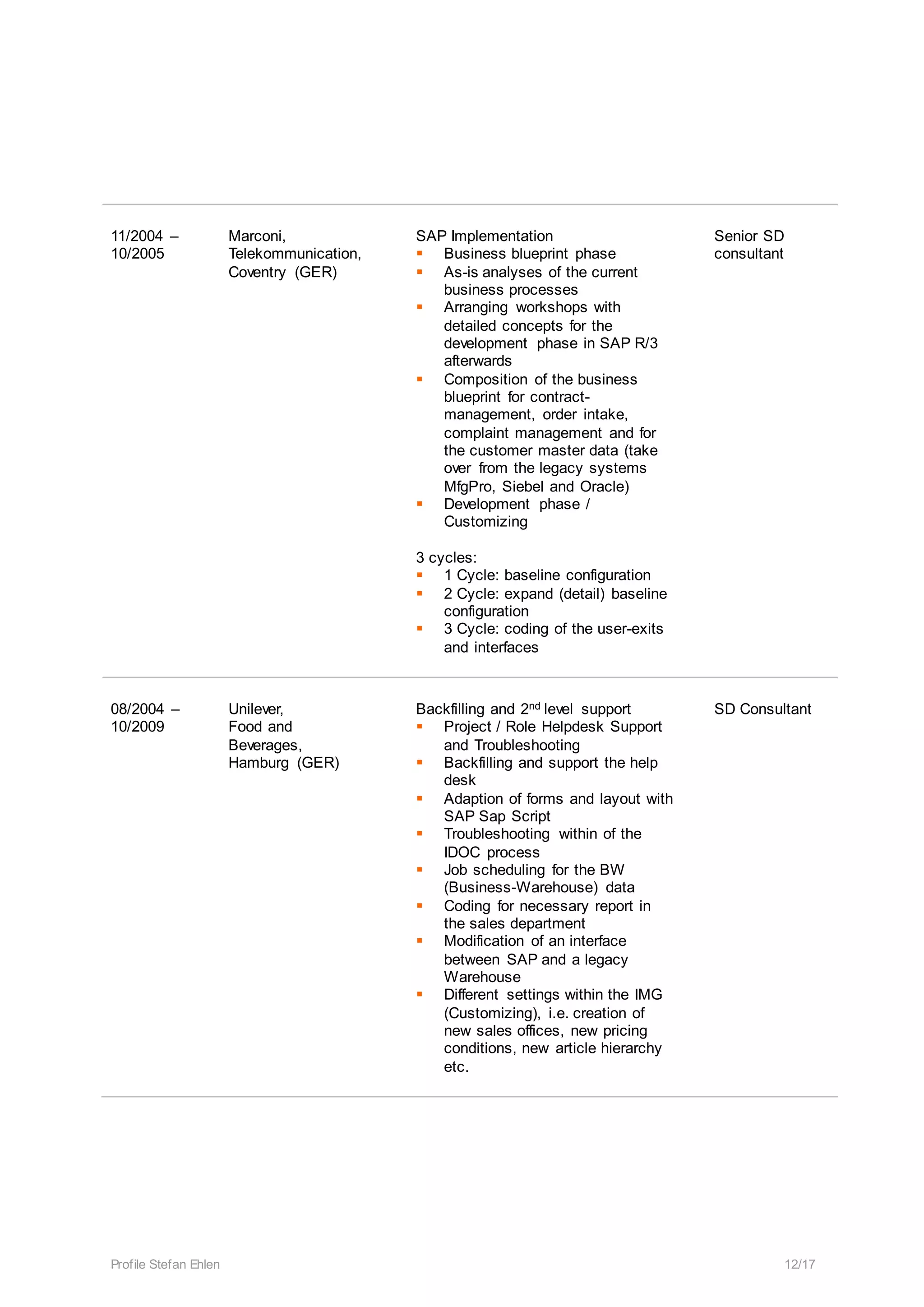 Profile Stefan Ehlen 12/17
11/2004 –
10/2005
Marconi,
Telekommunication,
Coventry (GER)
SAP Implementation
 Business blueprint phase
 As-is analyses of the current
business processes
 Arranging workshops with
detailed concepts for the
development phase in SAP R/3
afterwards
 Composition of the business
blueprint for contract-
management, order intake,
complaint management and for
the customer master data (take
over from the legacy systems
MfgPro, Siebel and Oracle)
 Development phase /
Customizing
3 cycles:
 1 Cycle: baseline configuration
 2 Cycle: expand (detail) baseline
configuration
 3 Cycle: coding of the user-exits
and interfaces
Senior SD
consultant
08/2004 –
10/2009
Unilever,
Food and
Beverages,
Hamburg (GER)
Backfilling and 2nd level support
 Project / Role Helpdesk Support
and Troubleshooting
 Backfilling and support the help
desk
 Adaption of forms and layout with
SAP Sap Script
 Troubleshooting within of the
IDOC process
 Job scheduling for the BW
(Business-Warehouse) data
 Coding for necessary report in
the sales department
 Modification of an interface
between SAP and a legacy
Warehouse
 Different settings within the IMG
(Customizing), i.e. creation of
new sales offices, new pricing
conditions, new article hierarchy
etc.
SD Consultant
 