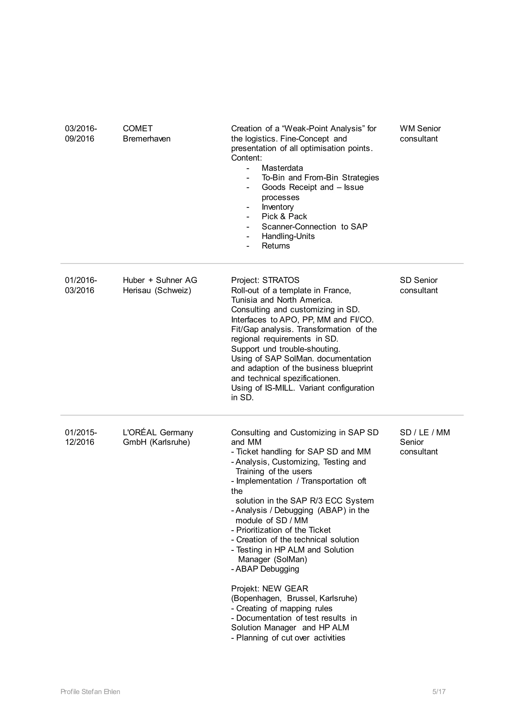 Profile Stefan Ehlen 5/17
03/2016-
09/2016
COMET
Bremerhaven
Creation of a “Weak-Point Analysis” for
the logistics. Fine-Concept and
presentation of all optimisation points.
Content:
- Masterdata
- To-Bin and From-Bin Strategies
- Goods Receipt and – Issue
processes
- Inventory
- Pick & Pack
- Scanner-Connection to SAP
- Handling-Units
- Returns
WM Senior
consultant
01/2016-
03/2016
Huber + Suhner AG
Herisau (Schweiz)
Project: STRATOS
Roll-out of a template in France,
Tunisia and North America.
Consulting and customizing in SD.
Interfaces to APO, PP, MM and FI/CO.
Fit/Gap analysis. Transformation of the
regional requirements in SD.
Support und trouble-shouting.
Using of SAP SolMan. documentation
and adaption of the business blueprint
and technical spezificationen.
Using of IS-MILL. Variant configuration
in SD.
SD Senior
consultant
01/2015-
12/2016
L'ORÉAL Germany
GmbH (Karlsruhe)
Consulting and Customizing in SAP SD
and MM
- Ticket handling for SAP SD and MM
- Analysis, Customizing, Testing and
Training of the users
- Implementation / Transportation oft
the
solution in the SAP R/3 ECC System
- Analysis / Debugging (ABAP) in the
module of SD / MM
- Prioritization of the Ticket
- Creation of the technical solution
- Testing in HP ALM and Solution
Manager (SolMan)
- ABAP Debugging
Projekt: NEW GEAR
(Bopenhagen, Brussel, Karlsruhe)
- Creating of mapping rules
- Documentation of test results in
Solution Manager and HP ALM
- Planning of cut over activities
SD / LE / MM
Senior
consultant
 