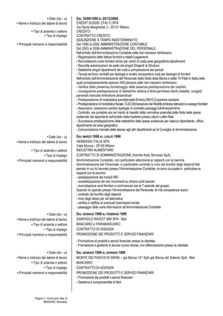 Pagina 2 - Curriculum vitae di
MANGINO, Maristella
• Date (da – a) DAL 16/08/1999 AL 05/12/2008
• Nome e indirizzo del datore di lavoro CREDIT SUISSE (ITALY) SPA
Via Santa Margherita 3 - 20121 Milano
• Tipo di azienda o settore CREDITO
• Tipo di impiego CONTRATTO CREDITO
ASSUNZIONE A TEMPO INDETERMINATO
• Principali mansioni e responsabilità Dal 1999 al 2002 AMMINISTRAZIONE CONTABILE
Dal 2003 al 2008 AMMINISTRAZIONE DEL PERSONALE
Nell’ambito dell’Amministrazione Contabile,nelle mie mansioni rientravano:
- Registrazione delle fatture fornitori e relativi pagamenti
- Riconciliazioni conto fornitori diviso per centri di costo,aree geografiche,dipartimenti
- Raccolta autorizzazioni da parte dei singoli Dirigenti di Struttura
- Statistiche singoli dipartimenti dei costi e comparazione dei periodi
- Tenuta archivio contratti per tipologia e analisi comparativa costi per tipologia di fornitori
Nell’ambito dell’Amministrazione del Personale della Sede della Banca e delle 19 Filiali in Italia,nelle
quali complessivamente operano 450 persone,nelle mie mansioni rientravano:
- Verifica delle presenze,monitoraggio delle assenze,predisposizione dei cedolini
- conseguente predisposizione di statistiche relative a ferie,permessi,ritardi,malattie, congedi
parentali,mancate timbrature,straordinari
- Predisposizione di modulistica previdenziale:Emens,DM10,Coperture sanitarie
- Predisposizionedimodulisticafiscale: CUD,Dichiarazione dei Redditi,richiestadetrazionieassegnifamiliari
- Assunzioni, cessazioni,cambio tipologia di contratto,passaggi full-time/part-time
- Controllo, sia contabile sia nel merito al rispetto delle normative aziendali,delle Note delle spese
sostenute dai dipendenti nell’ambito delle trasferte presso clienti o altre filiali
- Successiva predisposizione delle statistiche delle spese sostenute per ciascun dipendente, ufficio,
dipartimento ed area geografica
- Comunicazione mensile delle stesse agli altri dipartimenti ed al Consiglio di Amministrazione
• Date (da – a) DAL MARZO 1999 AL LUGLIO 1999
• Nome e indirizzo del datore di lavoro HEINEKEN ITALIA SPA
Viale Monza - 20100 Milano
• Tipo di azienda o settore INDUSTRIA ALIMENTARE
• Tipo di impiego CONTRATTO DI SOMMINISTRAZIONE (tramite Kelly Services SpA)
• Principali mansioni e responsabilità Amministrazione Contabile, con particolare attenzione ai rapporti con le banche
Amministrazione del Personale, in particolare controllo e invio dei bonifici degli stipendi Nel
periodo in cui ho lavorato presso l’Amministrazione Contabile, mi sono occupata in particolare ai
rapporti con le banche:
- predisposizione dei moduli RID
- contabilizzazione dei vari movimenti su diversi conti bancari
- riconciliazione conti fornitori e conti bancari per le 7 aziende del gruppo
Quando ho operato presso l’Amministrazione del Personale, le mie competenze erano:
- controllo dei bonifici degli stipendi
- invio degli stessi per via telematica
- verifica e rettifica di eventuali trasmissioni errate
- passaggio delle varie informazioni all’Amministrazione Contabile
• Date (da – a) DAL GENNAIO 1998 AL FEBBRAIO 1999
• Nome e indirizzo del datore di lavoro SANPAOLO INVEST SIM SPA - Bari
• Tipo di azienda o settore BANCARIO e PARABANCARIO
• Tipo di impiego CONTRATTO DI AGENZIA
• Principali mansioni e responsabilità PROMOZIONE DEI PRODOTTI E SERVIZI FINANZIARI
- Promozione di prodotti e servizi finanziari presso la clientela.
- Formazione e gestione di alcune nuove risorse, con affiancamento presso la clientela
• Date (da – a) DAL GENNAIO 1996 AL GENNAIO 1998
• Nome e indirizzo del datore di lavoro MONTE DEI PASCHI DI SIENA – già Banca 121 SpA già Banca del Salento SpA - Bari
• Tipo di azienda o settore BANCARIO
• Tipo di impiego CONTRATTO DI AGENZIA
• Principali mansioni e responsabilità PROMOZIONE DEI PRODOTTI E SERVIZI FINANZIARI
- Promozione dei prodotti e servizi finanziari.
- Gestione e compravendita di titoli
 
