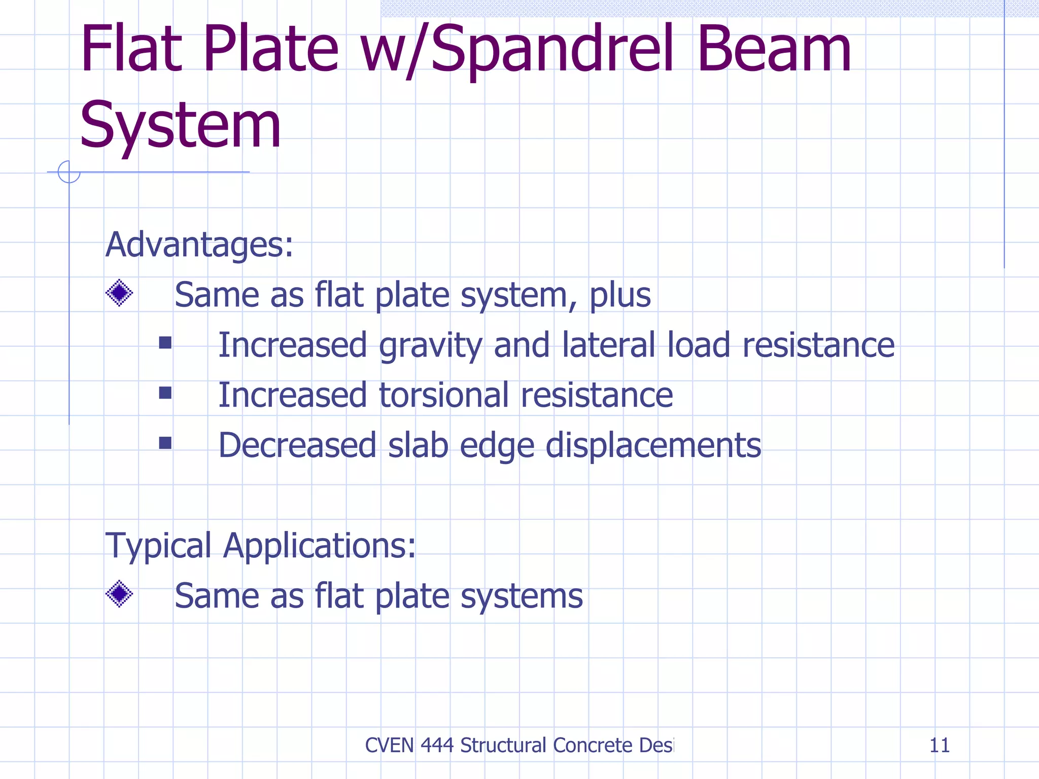 Flat Plate w/Spandrel Beam System Advantages: Same as flat plate system, plus  Increased gravity and lateral load resistance Increased torsional resistance Decreased slab edge displacements Typical Applications: Same as flat plate systems 