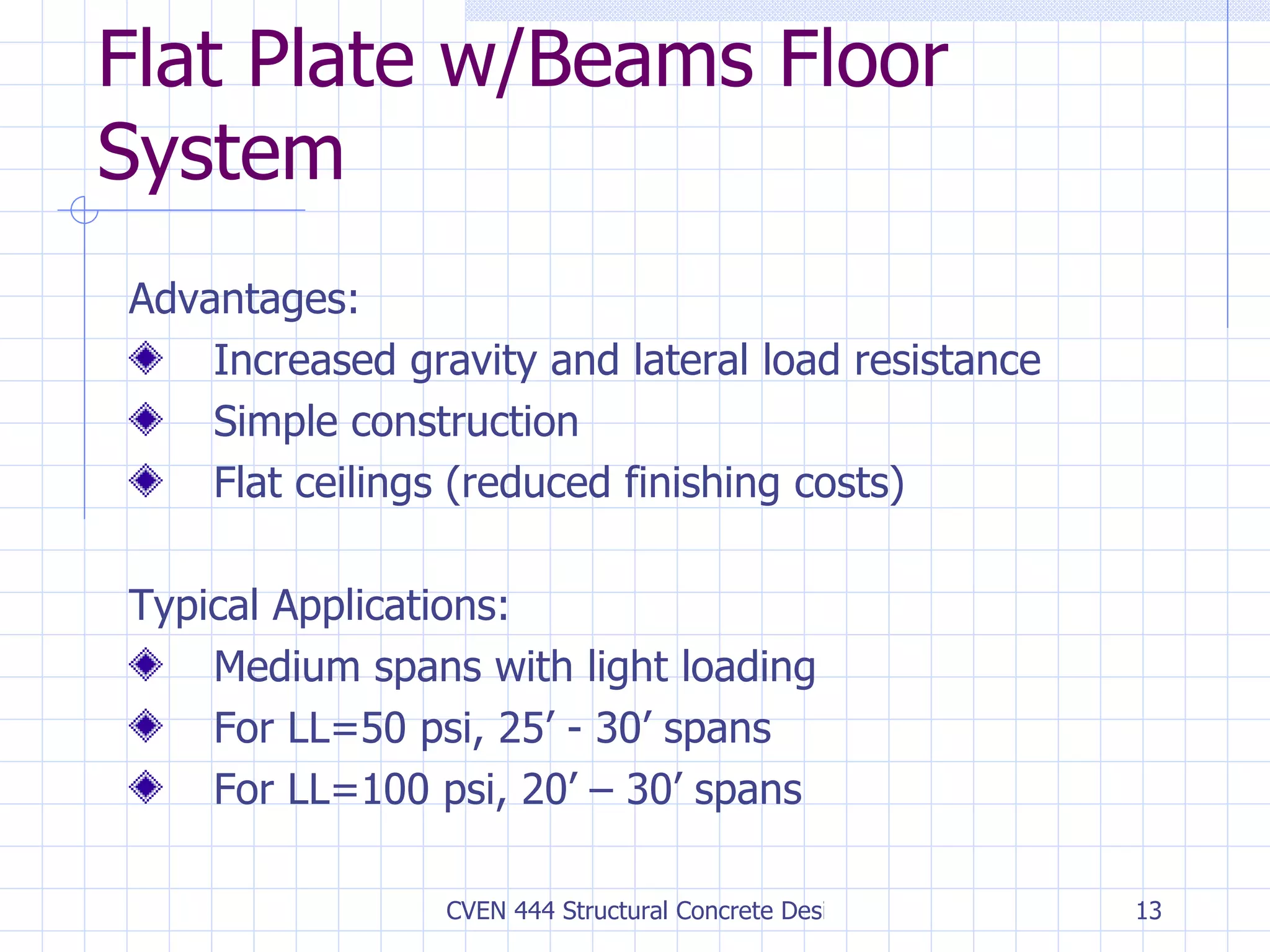 Flat Plate w/Beams Floor System Advantages: Increased gravity and lateral load resistance Simple construction Flat ceilings (reduced finishing costs) Typical Applications: Medium spans with light loading For LL=50 psi, 25’ - 30’ spans For LL=100 psi, 20’ – 30’ spans 