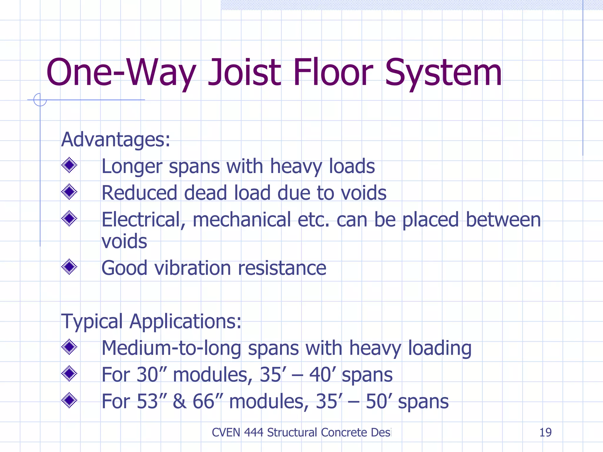 One-Way Joist Floor System Advantages: Longer spans with heavy loads Reduced dead load due to voids Electrical, mechanical etc. can be placed between voids Good vibration resistance Typical Applications: Medium-to-long spans with heavy loading For 30” modules, 35’ – 40’ spans For 53” & 66” modules, 35’ – 50’ spans 