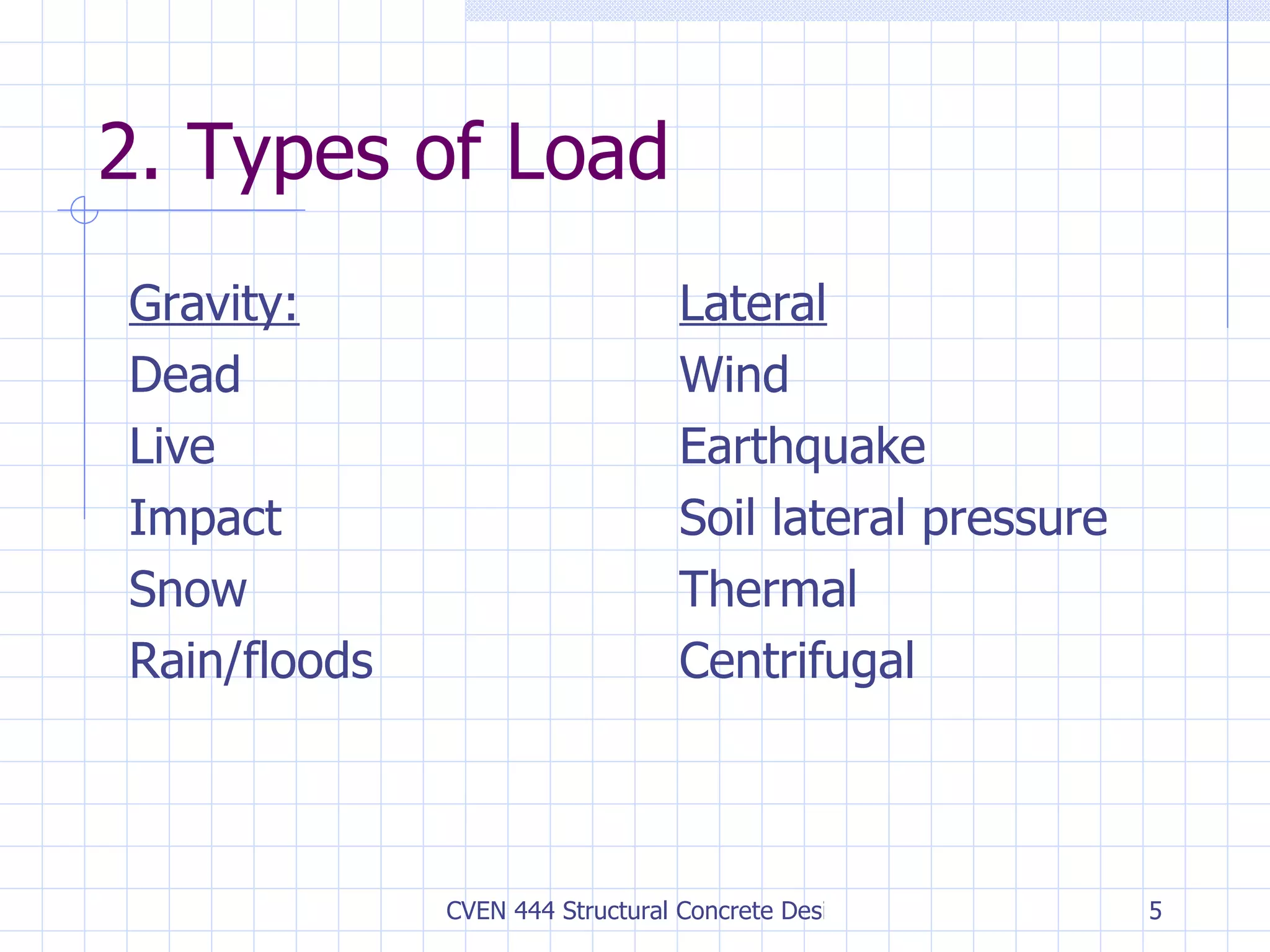 2. Types of Load Gravity: Dead Live Impact Snow Rain/floods Lateral Wind Earthquake Soil lateral pressure Thermal Centrifugal 