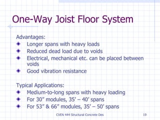 One-Way Joist Floor System Advantages: Longer spans with heavy loads Reduced dead load due to voids Electrical, mechanical etc. can be placed between voids Good vibration resistance Typical Applications: Medium-to-long spans with heavy loading For 30” modules, 35’ – 40’ spans For 53” & 66” modules, 35’ – 50’ spans 
