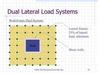 Dual Lateral Load Systems Lateral frames – 25% of lateral load, minimum Shear walls Wall-Frame Dual System: Hole 