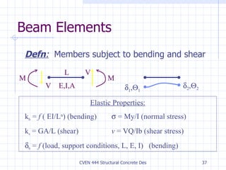 Beam Elements Defn :   Members subject to bending and shear Elastic Properties: k b  =  f  ( EI/L n ) (bending)   = My/I (normal stress) k s  = GA/L (shear) v  = VQ/Ib (shear stress)   b  =  f  (load, support conditions, L, E, I)  (bending)         V V L E,I,A M M 