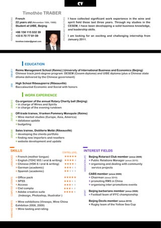 Reims Management School (Reims) | University of International Business and Economics (Beijing)
Chinese track joint-degree program: DESEM (Cesem diploma) and UIBE diploma (plus a Chinese state
diloma delivered by the Chinese government)
High School Ribeaupierre (Ribeauvillé)
Baccalauréat Economic and Social with honors
EDUCATION
20062006-2011
Co-organizer of the annual Rotary Charity ball (Beijing)
+ in charge of Wines and Spirits
+ in charge of the evening rundown
Off-trade trainee, Vranken Pommery Monopole (Reims)
+ Wine market studies (Europe, Asia, America)
+ database update
+ budgeting
Sales trainee, Distillerie Metté (Ribeauvillé)
+ developing the clients portfolio
+ finding new importers and resellers
+ website development and update
WORK EXPERIENCE
2007-20082009-20102005-2006
Beijing Rotaract Club member (since 2009)
+ Public Relations Manager (since 2010)
+ organising and dealing with community
service projects
CABS member (since 2009)
+ Chairman (since 2010)
+ promoting RMS in China
+ organising inter-promotions events
Beijing barbarians member (since 2008)
+ Football team of IFFC championship
Beijing Devils member (since 2010)
+ Rugby team of the Yellow Sea Cup
INTEREST FIELDS
ASSOCIATIONLIFESPORT
+ French (mother tongue)
+ English (TOIC 955 / oral & writing)
+ Chinese (HSK 6 / oral & writing)
+ German (academic)
+ Spanish (academic)
+ Office pack
+ SPSS
+ Access
+ Ciel compta
+ Adobe creative suite
(Indesign, Photoshop, Illustrator )
+ Wine exhibitions (Vinexpo, Wine China
Exhibition 2008, 2009)
+ Wine tasting and rating
SKILLS
LANGUAGESCOMPUTERLITERATEWINESANDSPIRITS
French
22 years old (November 16th, 1988)
Student at UIBE, Beijing
+86 158 115 932 39
+33 6 70 77 81 09
timothee.traber@gmail.com
Timothée TRABERPERSONALINFORMATIONS
I have collected significant work experience in the wine and
spirit field these last three years. Through my studies in the
CESEM, I have been developping a solid business knowledge,
and leadership skills.
I am looking for an exciting and challenging internship from
January 2011.
PROFILEANDOBJECTIVES
CV
CONTROL LEVEL
 