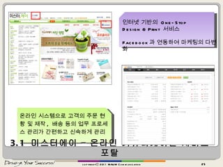 3.1  미스터에이 – 온라인 커뮤니케이션 서비스 포탈 온라인 시스템으로 고객의 주문 현황 및 제작 ,  배송 등의 업무 프로세스 관리가 간편하고 신속하게 관리 인터넷 기반의  One-Stop  Design & Print  서비스 Facebook 과 연동하여 마케팅의 다변화 copyrightⓒ 2011 MAUM Communication 
