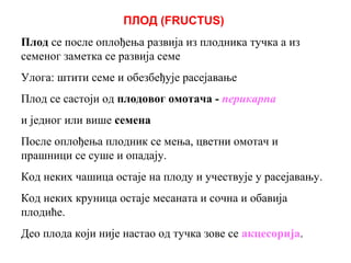 ПЛОД (FRUCTUS)
Плод се после оплођења развија из плодника тучка а из
семеног заметка се развија семе
Улога: штити семе и обезбеђује расејавање
Плод се састоји од плодовог омотача - перикарпа
и једног или више семена
После оплођења плодник се мења, цветни омотач и
прашници се суше и опадају.
Код неких чашица остаје на плоду и учествује у расејавању.
Код неких круница остаје месаната и сочна и обавија
плодиће.
Део плода који није настао од тучка зове се акцесорија.

 