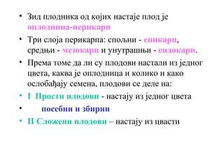 • Зид плодника од којих настаје плод је
оплодница-перикарп
• Три слоја перикарпа: спољни - епикарп,
средњи - мезокарп и унутрашњи - ендокарп.
• Према томе да ли су плодови настали из једног
цвета, каква је оплодница и колико и како
ослобађају семена, плодови се деле на:
• I Прости плодови - настају из једног цвета
•
посебни и збирни
• II Сложени плодови – настају из цвасти

 