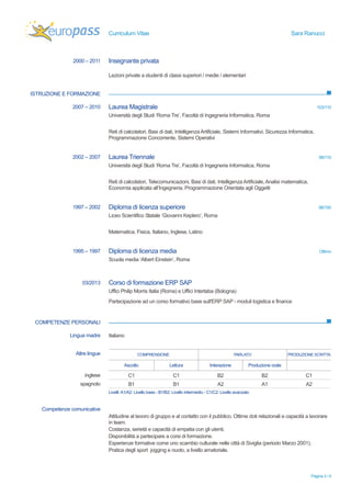 Curriculum Vitae Sara Ranucci 
Pagina 3 / 4 
2000 – 2011 Insegnante privata 
Lezioni private a studenti di classi superiori / medie / elementari 
ISTRUZIONE E FORMAZIONE 
2007 – 2010 Laurea Magistrale 103/110 
Università degli Studi ‘Roma Tre’, Facoltà di Ingegneria Informatica, Roma 
Reti di calcolatori, Basi di dati, Intelligenza Artificiale, Sistemi Informativi, Sicurezza Informatica, 
Programmazione Concorrente, Sistemi Operativi 
2002 – 2007 Laurea Triennale 98/110 
Università degli Studi ‘Roma Tre’, Facoltà di Ingegneria Informatica, Roma 
Reti di calcolatori, Telecomunicazioni, Basi di dati, Intelligenza Artificiale, Analisi matematica, 
Economia applicata all’Ingegneria, Programmazione Orientata agli Oggetti 
1997 – 2002 Diploma di licenza superiore 98/100 
Liceo Scientifico Statale ‘Giovanni Keplero’, Roma 
Matematica, Fisica, Italiano, Inglese, Latino 
1995 – 1997 Diploma di licenza media Ottimo 
Scuola media ‘Albert Einstein’, Roma 
03/2013 Corso di formazione ERP SAP 
Uffici Philip Morris Italia (Roma) e Uffici Intertaba (Bologna) 
Partecipazione ad un corso formativo base sull'ERP SAP - moduli logistica e finance 
COMPETENZE PERSONALI 
Lingua madre Italiano 
Altre lingue COMPRENSIONE PARLATO PRODUZIONE SCRITTA 
Ascolto Lettura Interazione Produzione orale 
inglese C1 C1 B2 B2 C1 
spagnolo B1 B1 A2 A1 A2 
Livelli: A1/A2: Livello base - B1/B2: Livello intermedio - C1/C2: Livello avanzato 
Competenze comunicative 
Attitudine al lavoro di gruppo e al contatto con il pubblico. Ottime doti relazionali e capacità a lavorare 
in team. 
Costanza, serietà e capacità di empatia con gli utenti. 
Disponibilità a partecipare a corsi di formazione. 
Esperienze formative come uno scambio culturale nelle città di Siviglia (periodo Marzo 2001). 
Pratica degli sport jogging e nuoto, a livello amatoriale. 
 