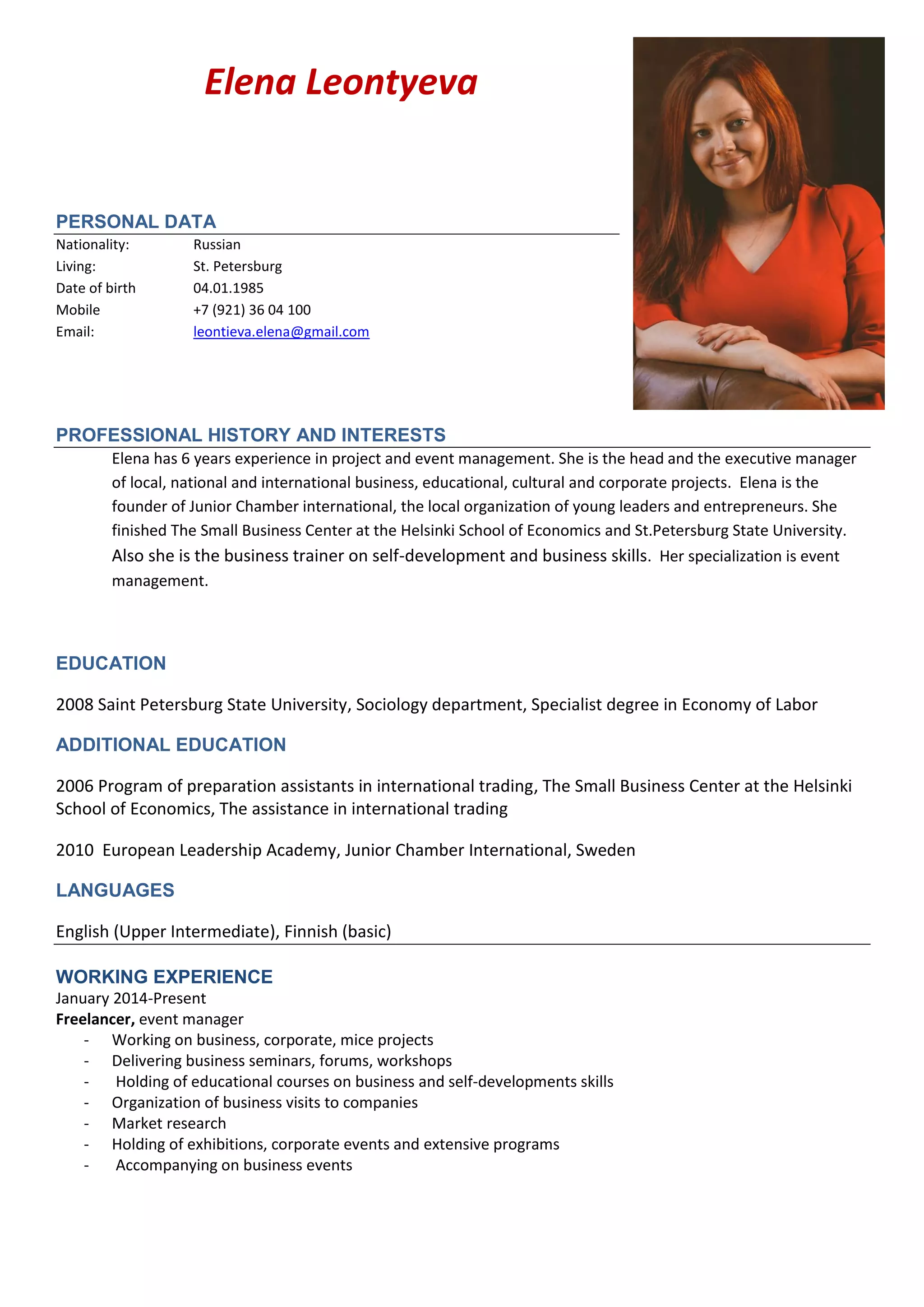 CV and portfolio event manager Elena Leontyeva | PDF