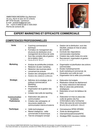 AMBATINDA MESSINA Guy Bertrand
40 ans, Marié et père de 02 enfants
BP: 6752 Douala - Cameroun
E-mail : ambatinda@gmail.com
Tel : +(237) 6 9482-6128/ 6 7255-2424
Permis de conduire (B)
EXPERT MARKETING ET EFFICACITE COMMERCIALE
COMPETENCES PROFESSIONNELLES
CV Guy Bertrand AMBATINDA MESSINA, Expert Marketing et efficacité Commerciale, Consultant-Formateur en école de commerce.
Pour toute information sur ma personne, consulter le Dr FANSI, PDG du Groupe CIBLE au 677 713 346/ 699 915 551
1
Vente • Coaching commercial et
technique
• Formateur en management des
structures de distribution et en
management de la force de vente
• Suivi des comptes clés et gestion
de la relation client
• Vente B to B, B to C
• Gestion de la distribution, suivi des
résultats, analyse et mise en place
de correctifs
• Conduite des négociations
commerciales importantes
• Création des outils d’aide à la vente
• Recrutement, organisation et gestion
de force de vente
Marketing • Analyse de portefeuilles produits
• Rédaction de plan marketing
• Rédaction des business plans
• Lancement de produits
• Gestion des campagnes ATL/BTL
• Gestion des relations publiques
• Organisation et planification des actions
commerciales
• Etudes marketing/marché
• Audit marketing et commercial, de
l’évaluation aux outils de suivi
• Organisation de la veille concurrentielle
Stratégie • Définition de la stratégie, de la
politique commerciale et
Marketing
• Prospective
• Organisation de la gestion des
ventes
• Création des outils de reporting
• Elaboration de budgets
• Réalisation d’étude de déploiement
au niveau national et international
• Mise en place des partenariats
stratégiques
• Elaboration et suivi de tableaux de
bord
Management
Humain et
Technique
• Gestion et organisation des
équipes administratives,
commerciales et techniques,
définition, suivi des objectifs
et leur cohésion
• Knowledge management
• Optimisation du rendement et de la
cohésion des services administratif,
technique et commercial
• Recrutement, formation, motivation
et suivi de collaborateurs
Achat • Mise en place de la politique
d’achat
• Négociation avec les fournisseurs
Communication
& Actions
Publicitaires
• Elaboration des plans de
communication
• Création des campagnes, et
documents relatifs à la
communication interne et externe
• Elaboration et mise en place des
outils de gestion des flux
d’informations dans l’entreprise
• Choix des axes de communication
B to B, B to C et B to B + B to C
Technique • Veille technologique
• Market intelligence : veille
commerciale et économique
• Test de compagne/ concept
• Connaissance SPSS/ SPHINX
• Outils de développement
• Internet/Intranet/Extranet/NTIC
• Stratégie RSE/ nouveaux médias
 