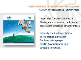 Intensifier l’implantation de la
Stratégie en promotion de la santé
grâce à des initiatives structurantes /
Intensify the implementation
of the National Strategy
for French-Language
Health Promotion through
strategic initiatives.
ACTION SUR LES DÉTERMINANTS DE LA SANTÉ
ACTION ON HEALTH DETERMINANTS
 