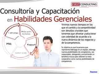 Vivimos nuevos tiempos en los
que el cambio y la competitividad
son desaSos cruciales que
tenemos que afrontar ysolucionar
con celeridad de acuerdo a la
nueva dinámica de los negocios y
de lacompetencia.
Su objetivo es que la persona que
representa liderazgo en un equipo, obtenga
nuevas posibilidades de competencia, sea
responsable, delegando y encontrando un
beneﬁcio mutuo para obtener la meta
corporativa como nuevas posibilidades de
competencia.
Consultoría y Capacitación
en Habilidades Gerenciales
Regresar
 