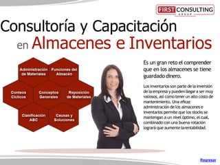 Es un gran reto el comprender
que en los almacenes se tiene
guardado dinero.
Los inventarios son parte de la inversión
de la empresa y pueden llegara ser muy
valiosos,así como tener un alto costo de
mantenimiento. Una eﬁcaz
administración de los almacenes e
inventarios permite que los stocks se
mantengan a un nivel óptimo, el cual,
combinado con una buena rotación
logrará que aumente larentabilidad.
Consultoría y Capacitación
en Almacenes e Inventarios
Regresar
 