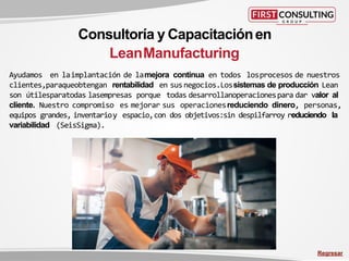 Ayudamos en laimplantación de lamejora continua en todos losprocesos de nuestros
clientes,paraqueobtengan rentabilidad en susnegocios.Lossistemas de producción Lean
son útilesparatodas lasempresas porque todas desarrollanoperacionespara dar valor al
cliente. Nuestro compromiso es mejorar sus operacionesreduciendo dinero, personas,
equipos grandes, inventarioy espacio,con dos objetivos:sin despilfarroy reduciendo la
variabilidad (SeisSigma).
Consultoría y Capacitaciónen
LeanManufacturing
Regresar
 