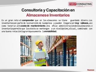 Consultoría y Capacitaciónen
Almacenese Inventarios
Regresar
Es un gran reto el comprender que en los almacenes se tiene guardado dinero.Los
inventariosson parte de lainversión de laempresa y pueden llegarasermuy valiosos,así
como tenerun altocostode mantenimiento.Una eficaz administracióndelosalmacenes e
inventariospermiteque losstocksse mantengan a un nivelóptimo,elcual, combinado con
una buena rotaciónlograráqueaumente larentabilidad.
 